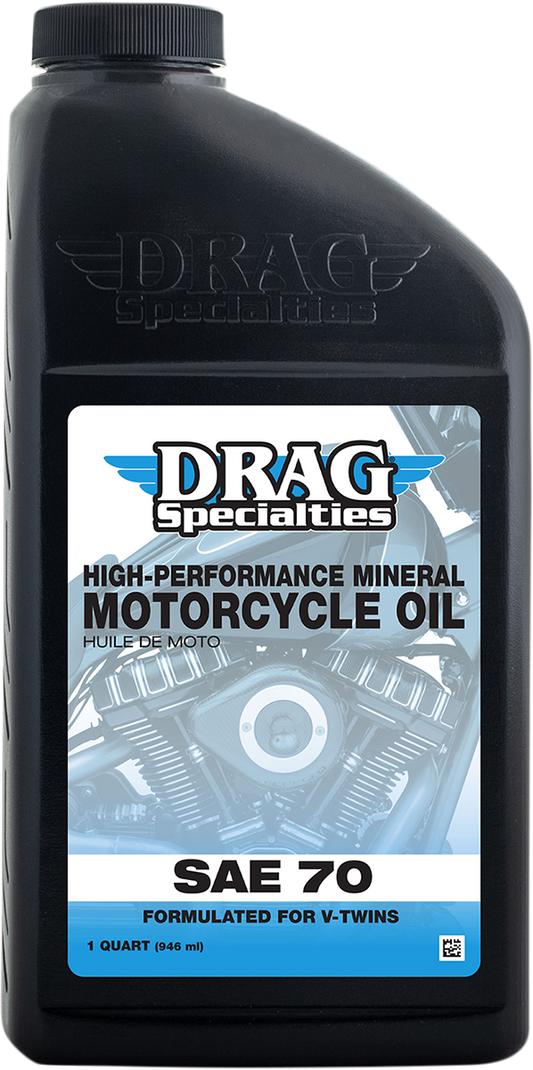 Drag Specialties SAE 70 4-stroke engine oil for Pre-Evolution V-Twin motorcycles, 1-quart container with label visible.