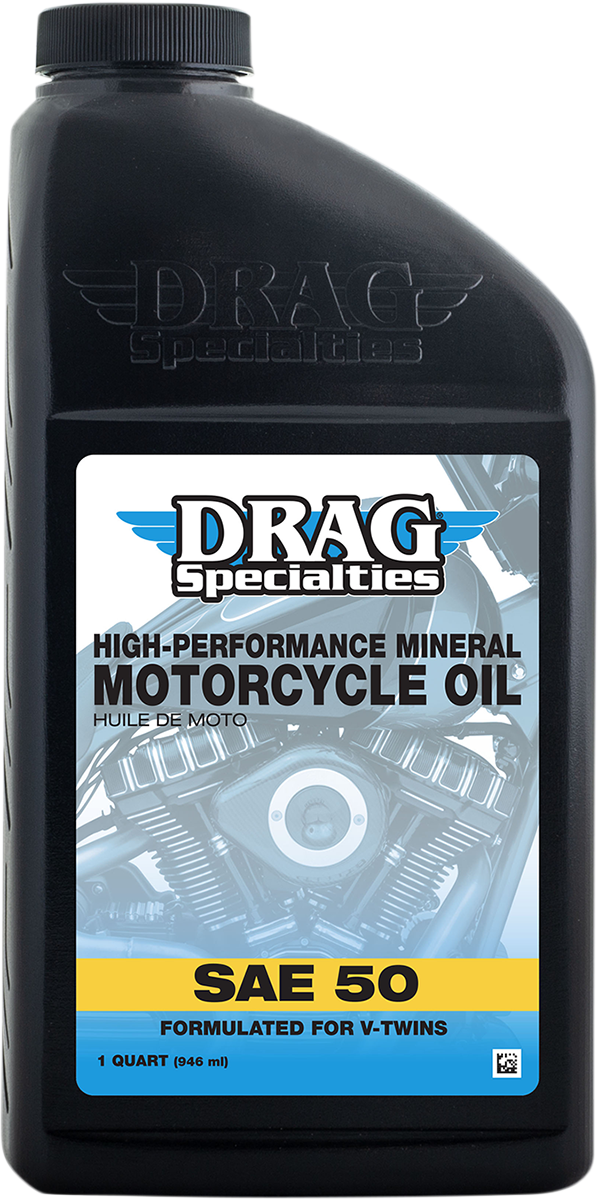 Drag Specialties SAE 50 engine oil for Pre-Evolution V-Twin engines, 1 quart container, suitable for motorcycle engine lubrication.