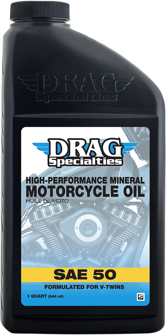 Drag Specialties SAE 50 engine oil for Pre-Evolution V-Twin engines, 1 quart container, suitable for motorcycle engine lubrication.