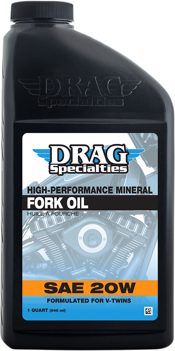 Drag Specialties 20W Heavy Fork Oil in a 1-quart container, designed for motorcycle suspension forks, part number 198933.