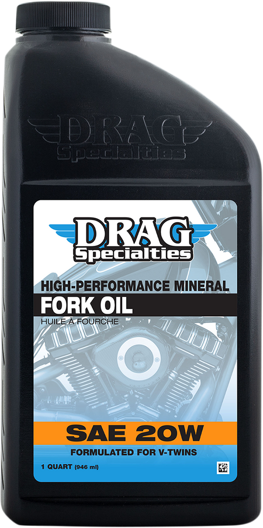 Drag Specialties 20W Heavy Fork Oil in a 1-quart container, designed for motorcycle suspension forks, part number 198933.