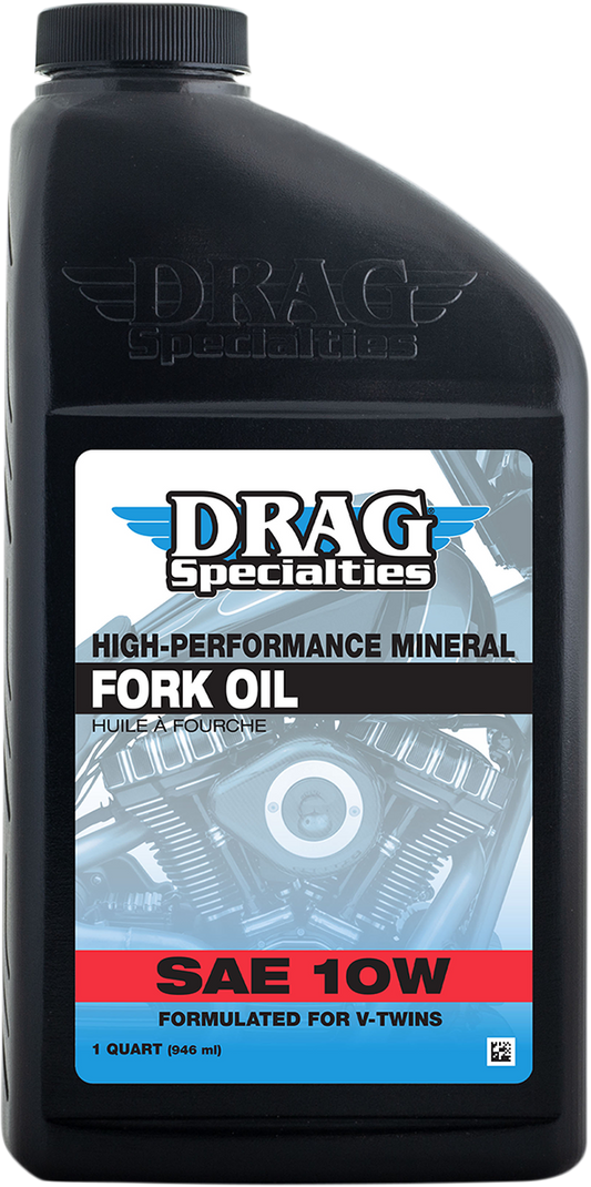 DRAG SPECIALTIES OIL Fork Oil 10W Medium in a 1 U.S. Quart container, suitable for motorcycle suspension forks.