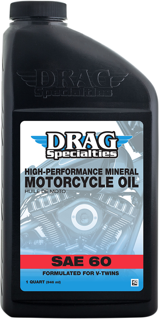 Drag Specialties SAE 60 engine oil for pre-evolution V-twin engines, 1 quart bottle with label visible.