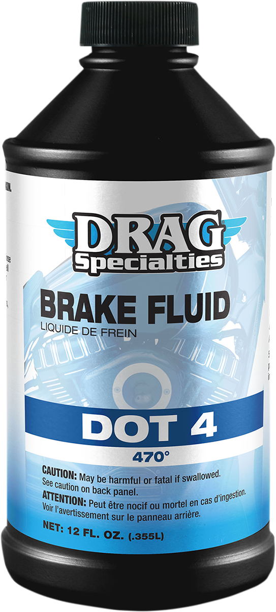 Drag Specialties DOT 4 brake and clutch fluid in a 12 fl oz bottle, designed for motorcycle brake and clutch systems.