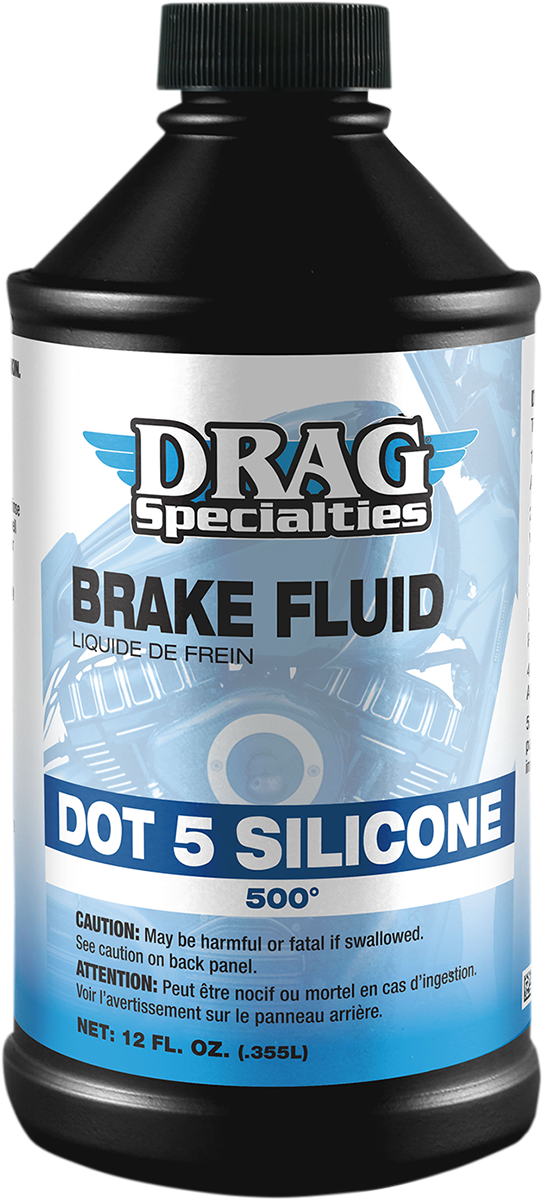 DRAG SPECIALTIES OIL DOT 5 Brake Fluid bottle, 12 fl oz, with label showing product details and branding.