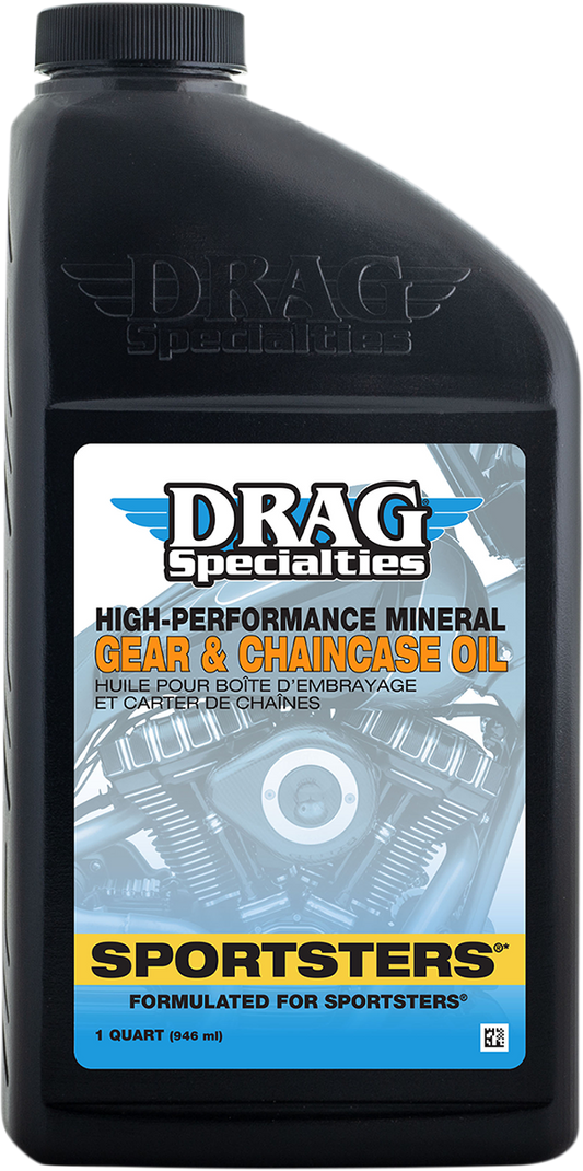 Drag Specialties Gear and Chain Oil for Harley-Davidson XL/XR motorcycles, 1 quart bottle, lubricates gears and chains effectively.