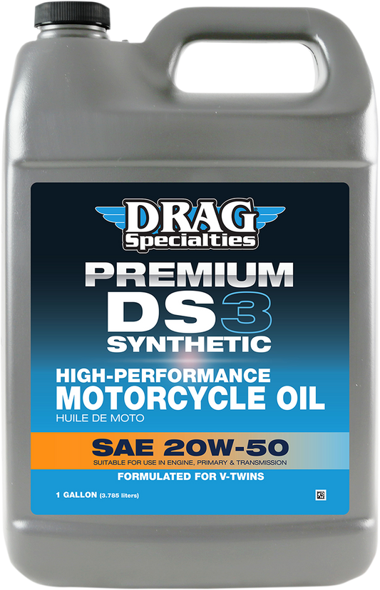 DRAG SPECIALTIES DS3 Synthetic 20W-50 engine oil for Harley-Davidson V-Twin motorcycles, 1-gallon container.