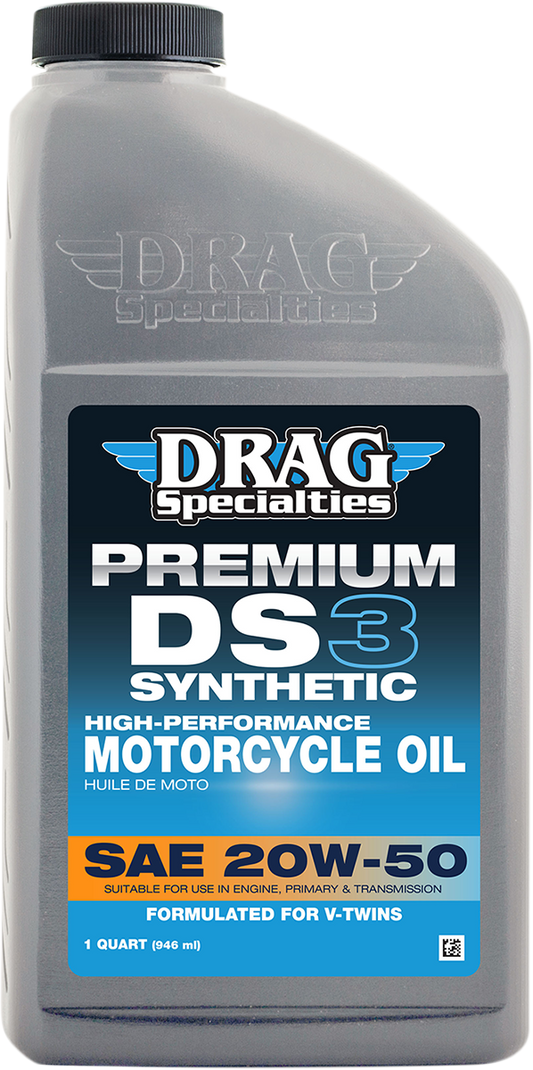 DRAG SPECIALTIES DS3 Synthetic 20W-50 engine oil for Harley-Davidson V-twin engines, 1-quart bottle.
