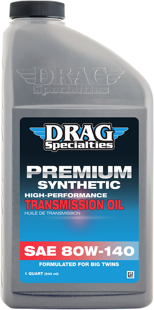 Drag Specialties Harley-Davidson transmission oil 80W-140 in a container, designed for Big Twin motorcycle transmission lubrication.