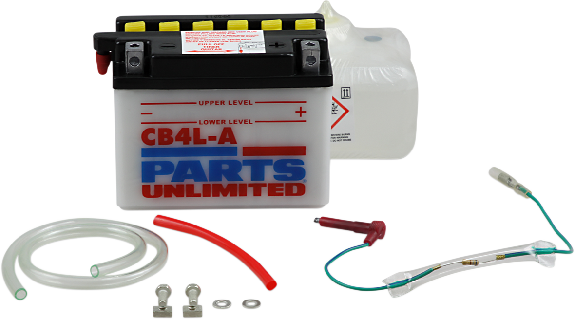 Heavy-duty motorcycle battery from Parts Unlimited with pre-measured acid pack for CB4L-A-FP model, ready for installation.