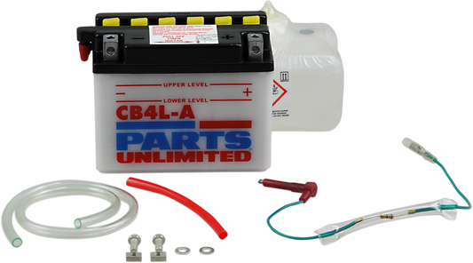 Heavy-duty motorcycle battery from Parts Unlimited with pre-measured acid pack for CB4L-A-FP model, ready for installation.