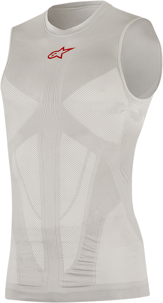 Alpinestars Tech Tank Summer protective gear in silver and red, medium/large size, designed for motorcycle safety.