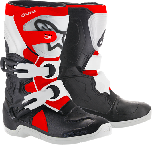 Alpinestars Youth Tech 3S motorcycle boots in black, white, and red, with protective design and adjustable straps.