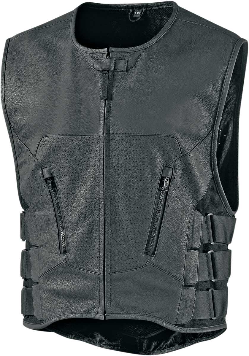 Bill's Exhausts ICON Regulator D30 Stripped Vest in black, size L/XL, shown with front view and adjustable straps.