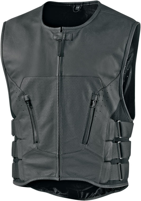 Bill's Exhausts ICON Regulator D30 Stripped Vest in black, size L/XL, shown with front view and adjustable straps.