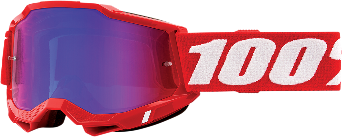 Bill's Exhausts 100% Accuri 2 Goggles in red with blue mirror lenses, featuring a sleek design and adjustable strap.
