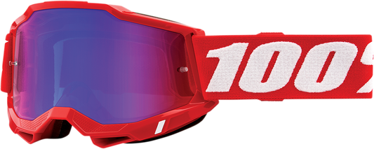 Bill's Exhausts 100% Accuri 2 Goggles in red with blue mirror lenses, featuring a sleek design and adjustable strap.