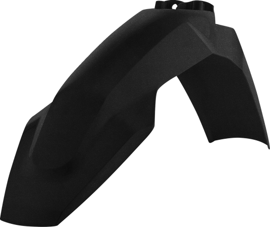 Acerbis black metallic front fender for motorcycle, showcasing its sleek curved body design and durable construction.
