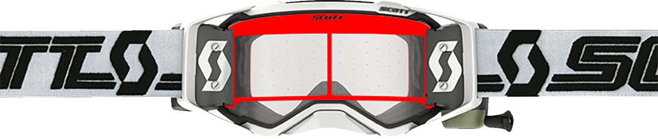 Scott Prospect Super WFS goggles in white and black with clear lenses, designed for motocross or off-road riding.