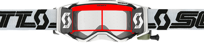 Scott Prospect Super WFS goggles in white and black with clear lenses, designed for motocross or off-road riding.