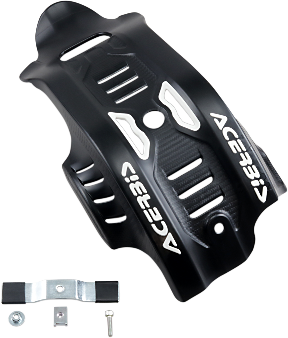 A black and white Acerbis skid plate designed for Gas Gas, Husqvarna, and KTM motorcycles, providing durable body protection.