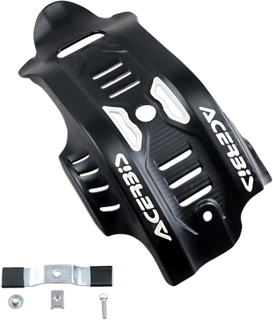 A black and white Acerbis skid plate designed for Gas Gas, Husqvarna, and KTM motorcycles, providing durable body protection.