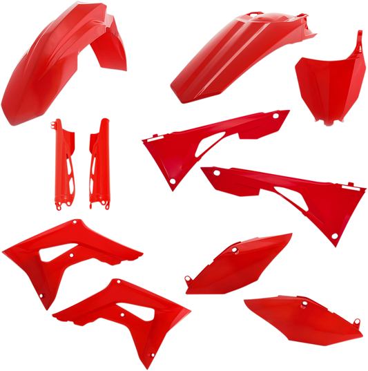 A red ACERBIS full replacement body kit for motorcycles, featuring sleek, aerodynamic design and detailed paneling.