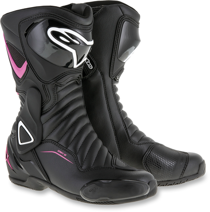 Alpinestars SMX-6 v2 vented motorcycle boots in black, pink, and white, size US 9.5, showing side view with protective features.