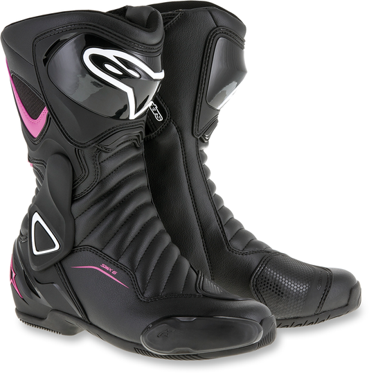 Alpinestars SMX-6 v2 vented motorcycle boots in black, pink, and white, size US 9.5, showing side view with protective features.