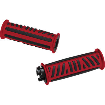 Red SHOW CHROME Combat Grips for Ryker motorcycle by Bill's Exhausts, featuring textured rubber grip surfaces.