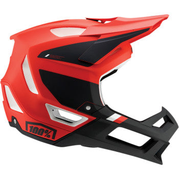 Trajecta bicycle helmet by Bill's Exhausts in fluo red with Fidlock cargo straps, size XL, shown on a model's head.