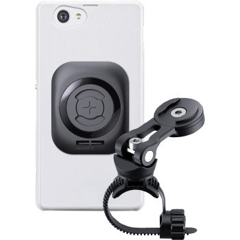 Bill's Exhausts SP CONNECT phone mount attached to a vehicle handlebar, showcasing secure smartphone holder for bikes or motorcycles.
