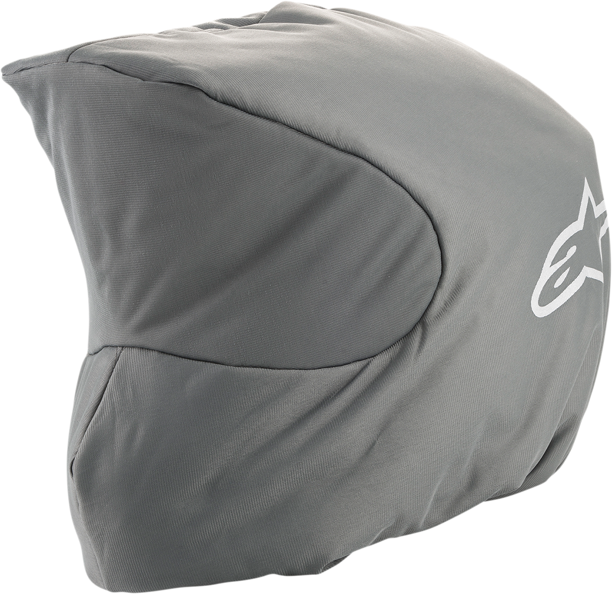 Gray Alpinstars helmet bag with softside design, featuring a zipper closure and logo, ideal for motorcycle helmet storage.