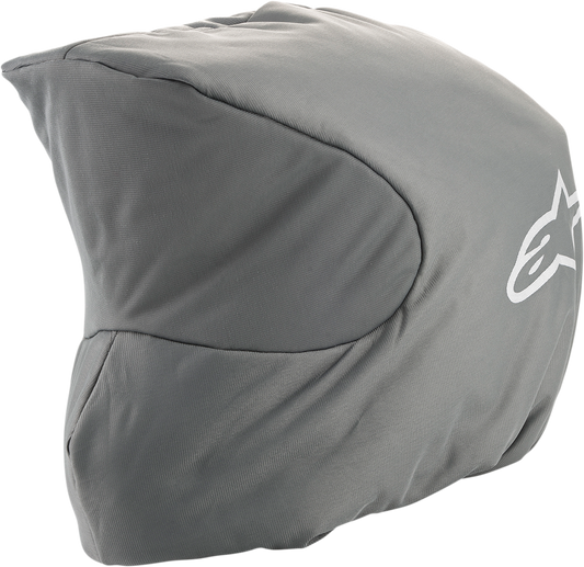 Gray Alpinstars helmet bag with softside design, featuring a zipper closure and logo, ideal for motorcycle helmet storage.