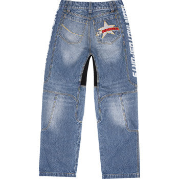 Blue ICON Hooligan Jeans by Bill's Exhausts in US 36, featuring classic denim design and a modern fit.