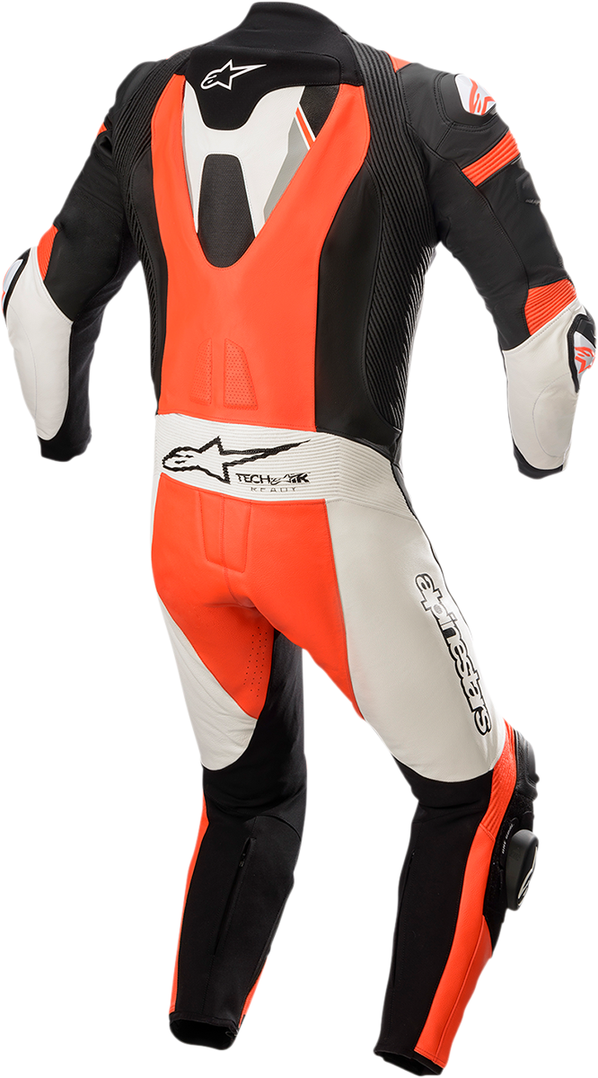 Alpinestars Missile Ignition v2 1-piece leather motorcycle suit in black, white, and red fluorescent, US 42 / EU 52, on a plain background.