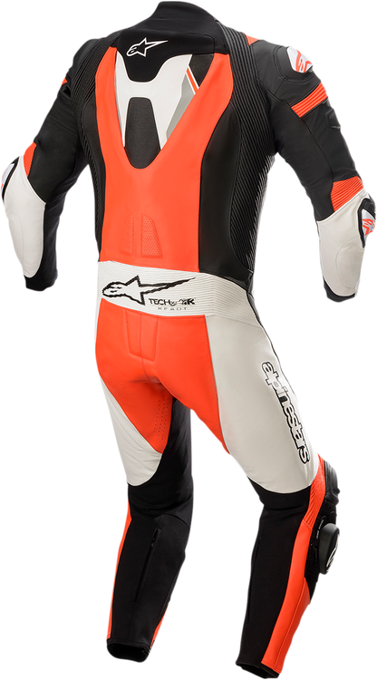 Alpinestars Missile Ignition v2 1-piece leather motorcycle suit in black, white, and red fluorescent, US 42 / EU 52, on a plain background.