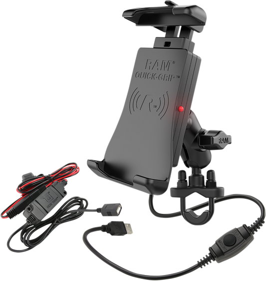 RAM MOUNTS quick-grip device holder with wireless charging, waterproof engine mount, compatible with hardwire charger and U-bolt.