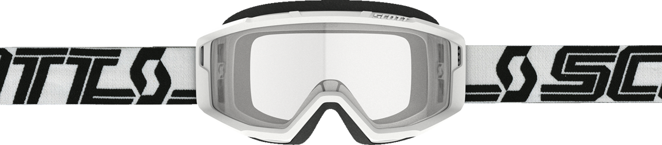 Scott Primal goggles in white and black with clear lenses, designed for motorcycle or motor sports use.