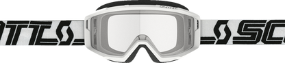 Scott Primal goggles in white and black with clear lenses, designed for motorcycle or motor sports use.