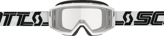 Scott Primal goggles in white and black with clear lenses, designed for motorcycle or motor sports use.