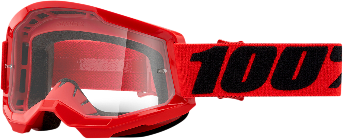 Bill's Exhausts 100% Strata 2 goggles in red with clear lenses, featuring adjustable straps and ventilation for outdoor activities.