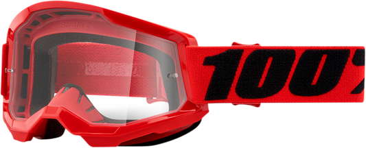 Bill's Exhausts 100% Strata 2 goggles in red with clear lenses, featuring adjustable straps and ventilation for outdoor activities.