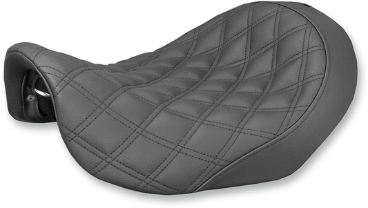 Black SADDLEMEN Renegade Solo Seat with lattice stitching for Dyna motorcycles, designed for comfort and style.