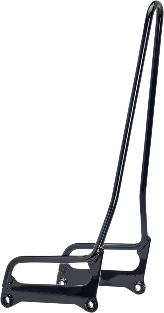 Gloss black BILT WELL EXFIL sissy bar for Softail motorcycles, featuring a sleek, padded design for passenger support.
