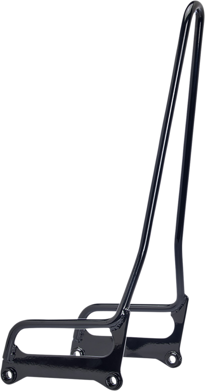 Gloss black BILT WELL EXFIL sissy bar for Softail motorcycles, featuring a sleek, padded design for passenger support.