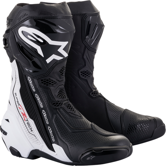 Alpinestars Supertech V motorcycle racing boots in black and white, US 10.5, EU 45, featuring reinforced protection and sleek design.