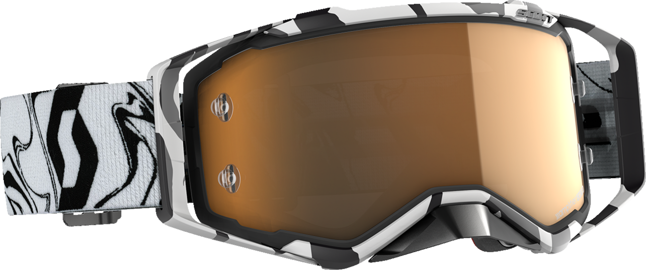 Scott Prospect Amplifier Goggles in marble black and white with gold chrome accents, designed for motorcycle engine protection.