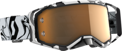 Scott Prospect Amplifier Goggles in marble black and white with gold chrome accents, designed for motorcycle engine protection.
