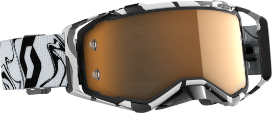 Scott Prospect Amplifier Goggles in marble black and white with gold chrome accents, designed for motorcycle engine protection.
